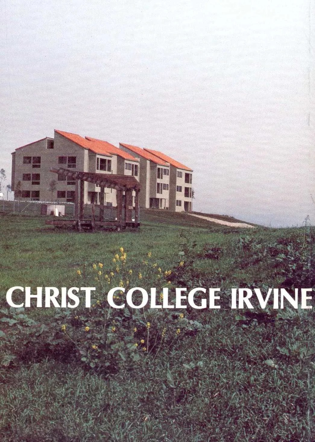Yearbook photo of the Bird Sanctuary in front of a campus building, with the words Christ College Irvine.