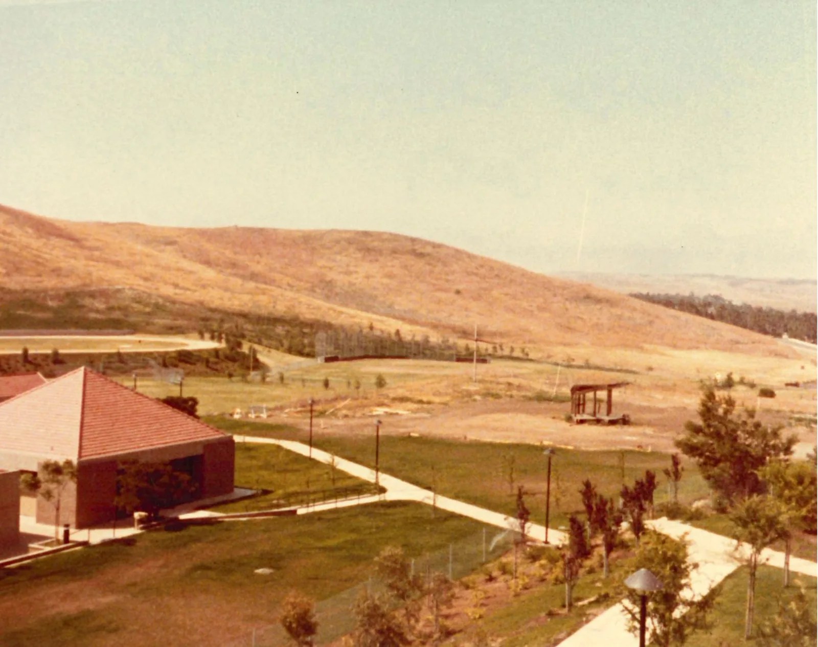 The Bird Sanctuary on the campus grounds, seen from above with walkways and a building in the foreground.