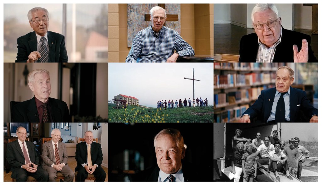 A grid of nine still frames from the documentary From This Hill: Christ College to Concordia, showing interviews with early Christ College leaders and archival photos of the campus.