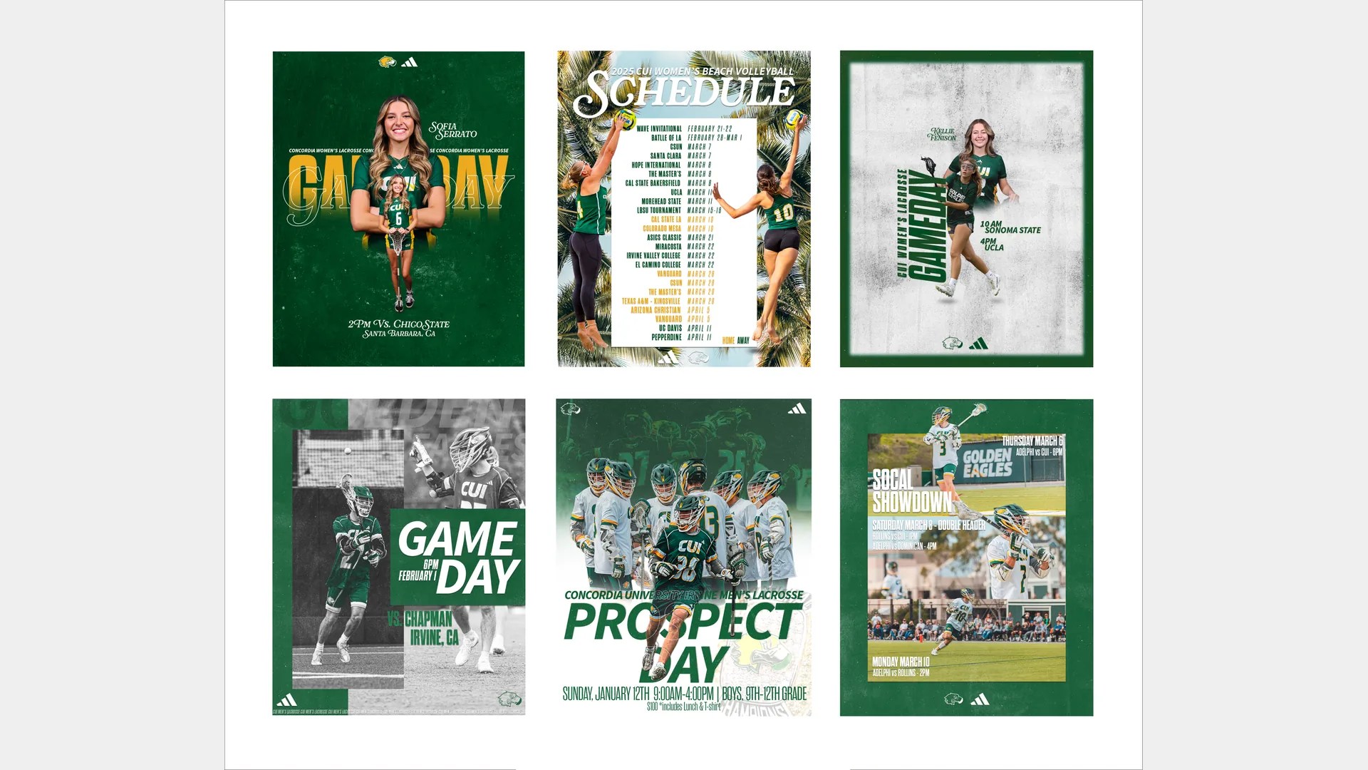 Six lacrosse game day social media graphics in green and gold
