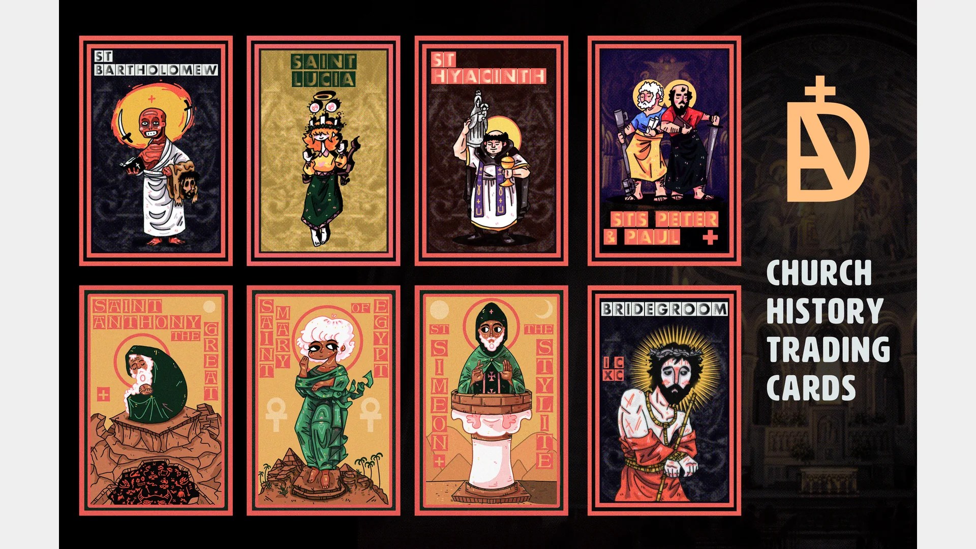 Illustrated trading cards of saints beside the title Church History Trading Cards