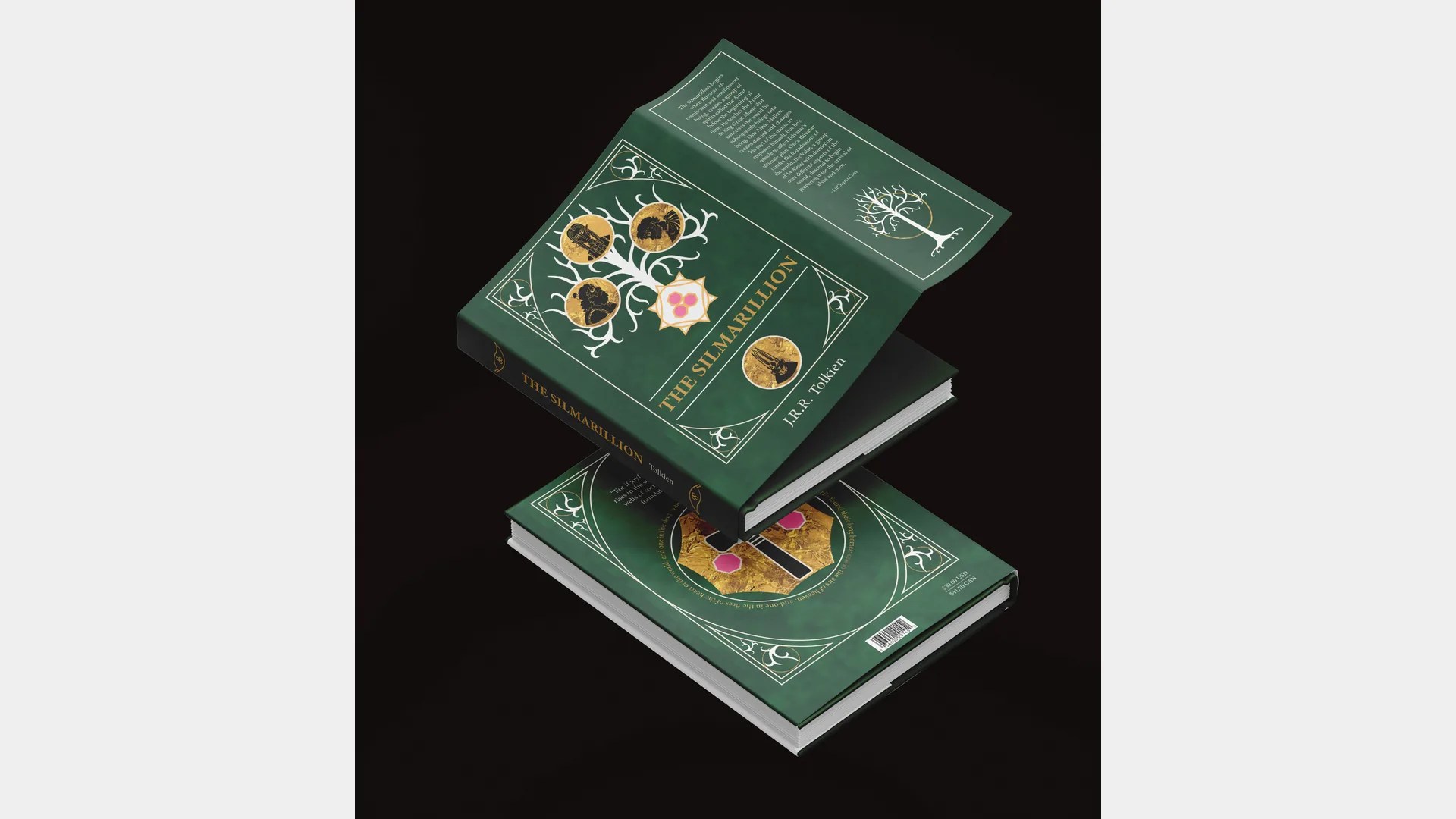 Green book jacket design for The Silmarillion with gold tree illustrations
