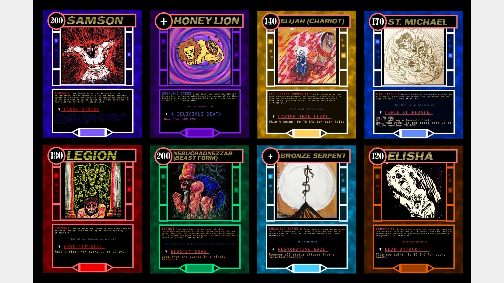 Eight illustrated trading cards of biblical figures including Samson and Elijah