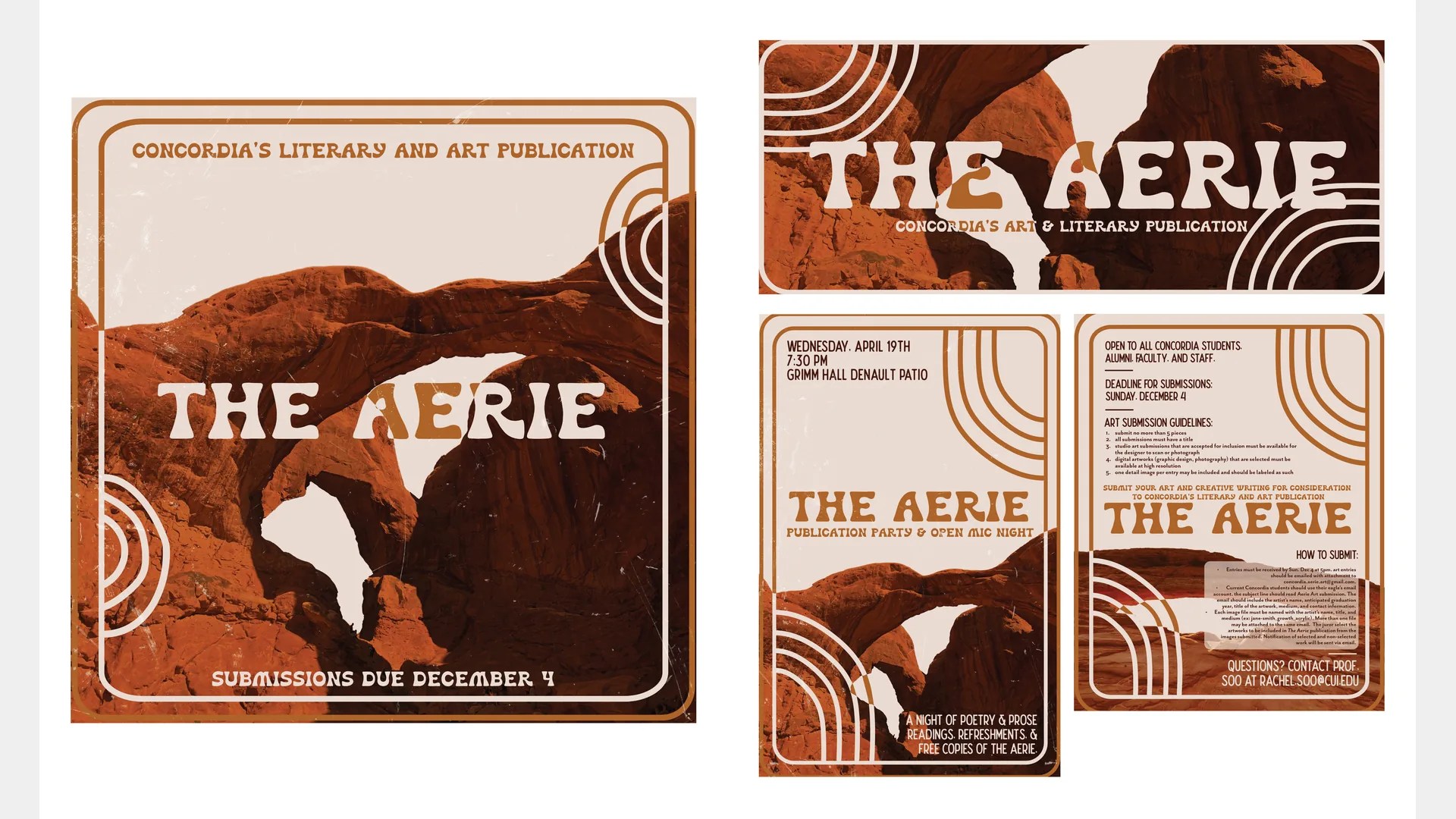 Posters and flyers for The Aerie with red rock arch illustrations