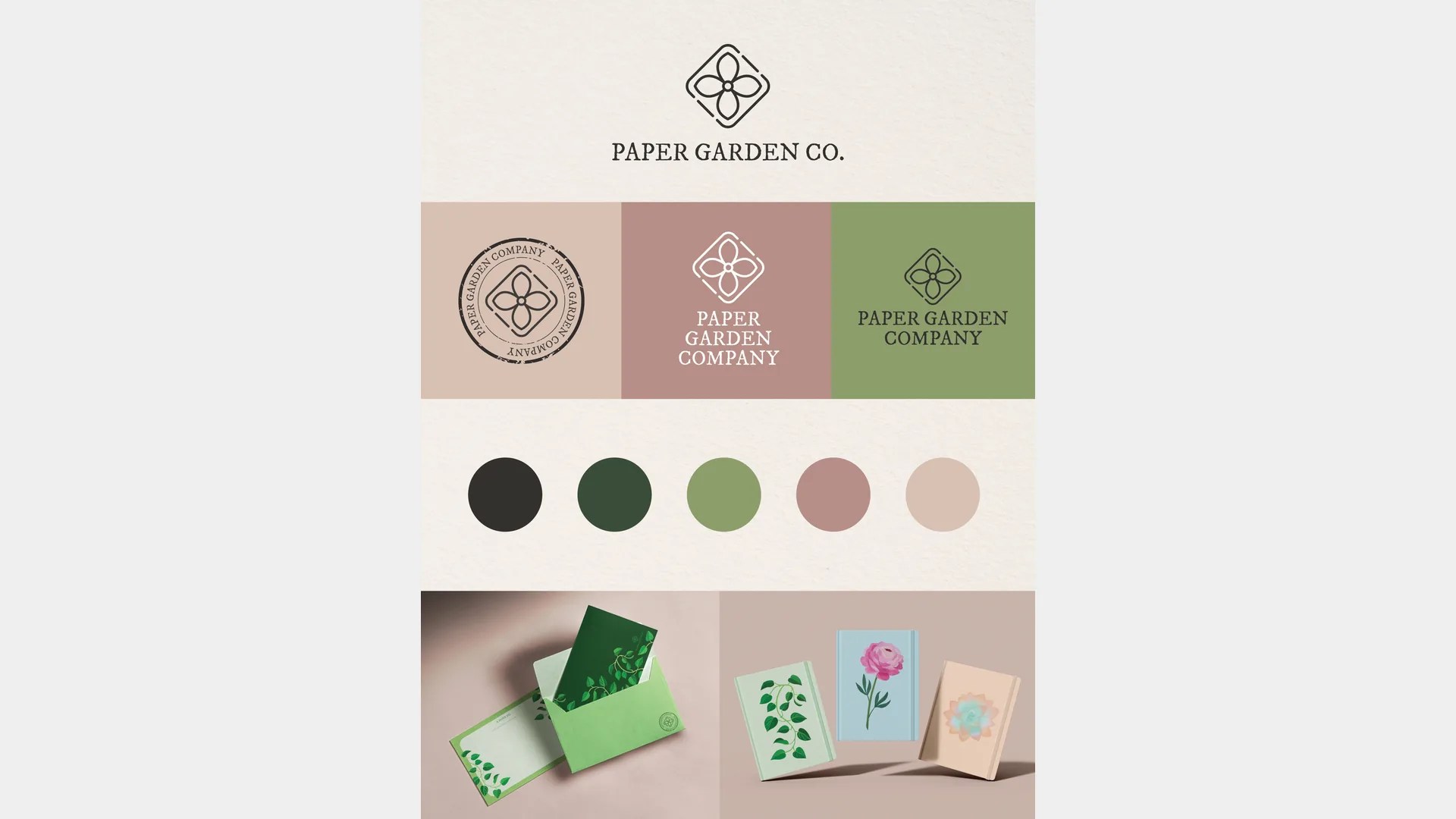 Paper Garden Co. logos, color palette and stationery mockups