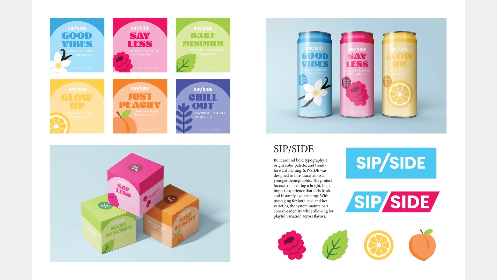 SipSide drink labels, cans and packaging in bright colors