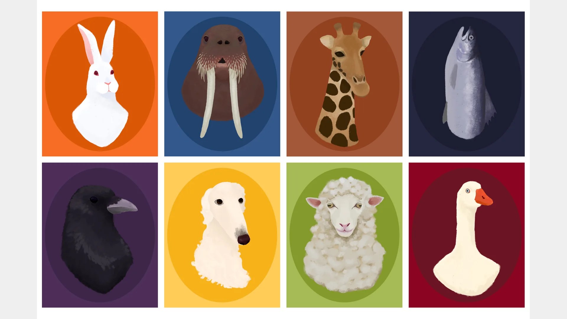 Eight illustrated animal portraits on bold colored backgrounds