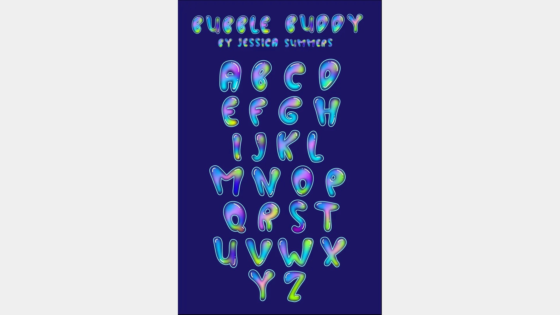 Iridescent bubble letter alphabet on a dark blue background