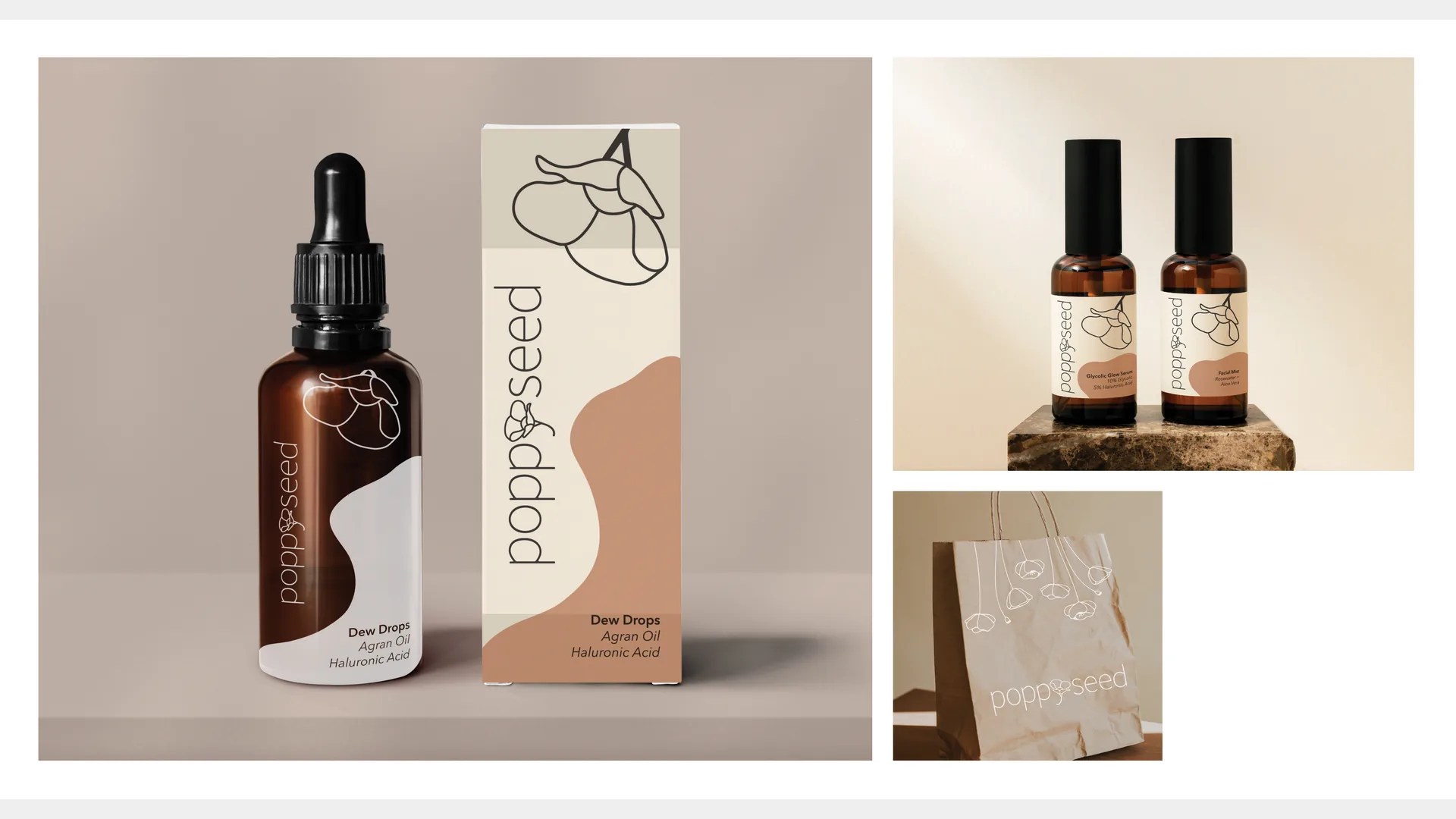 Poppy Seed skincare bottles, box and shopping bag