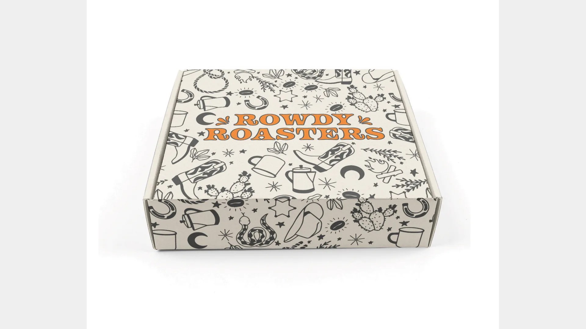 Rowdy Roasters coffee subscription box with western line illustrations