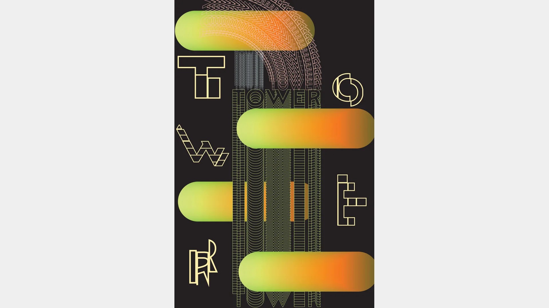 Typographic poster with gradient shapes and outlined letters on black