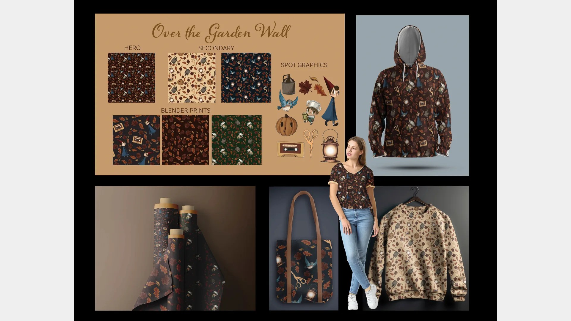 Autumn pattern collection shown on a hoodie, tote bag, dress and fabric rolls