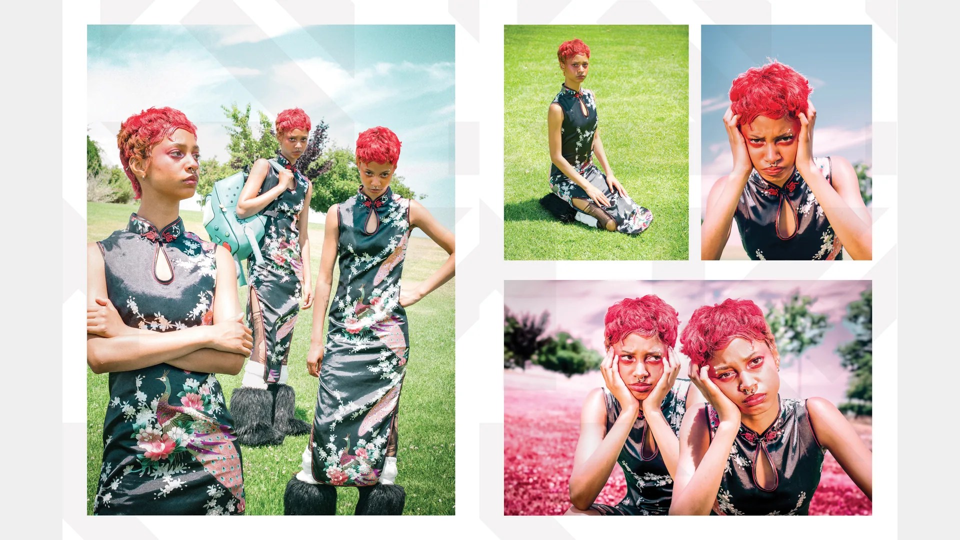 Photo series of a model with red hair wearing a floral dress outdoors