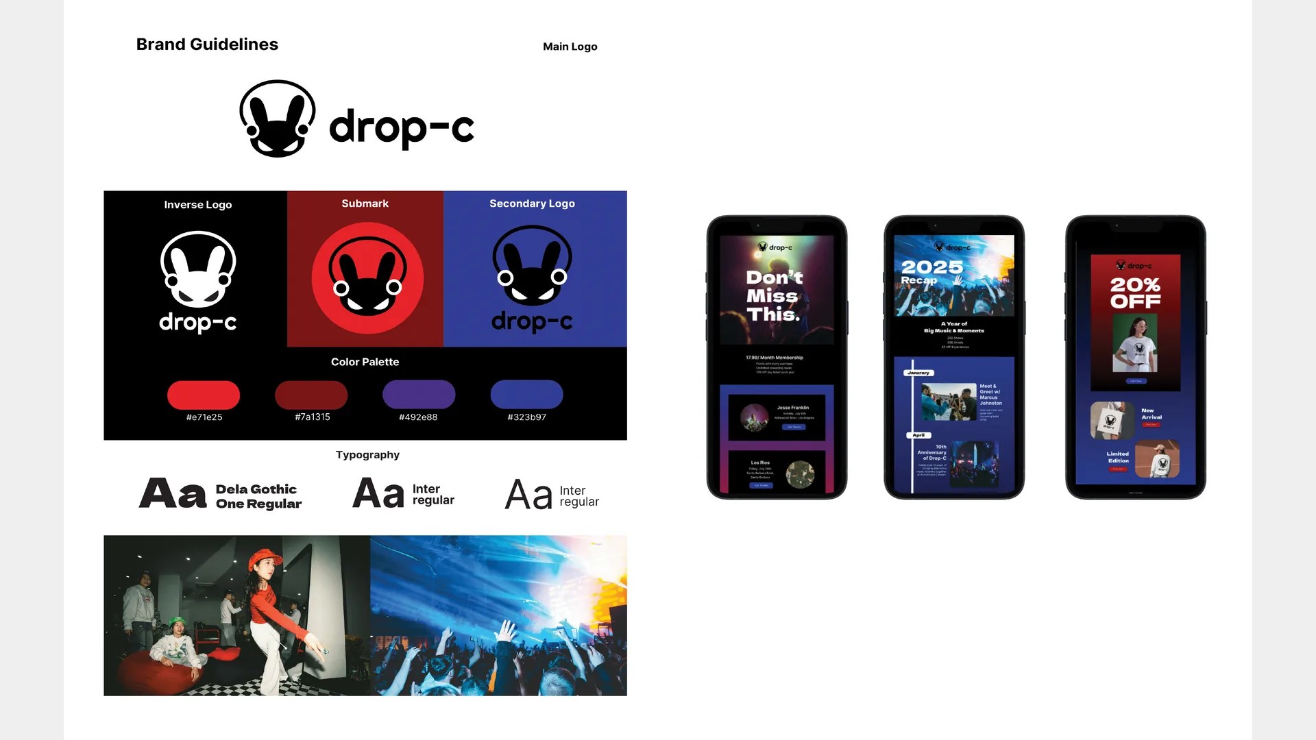Drop-C brand sheet with bunny logo, colors, typography and phone mockups