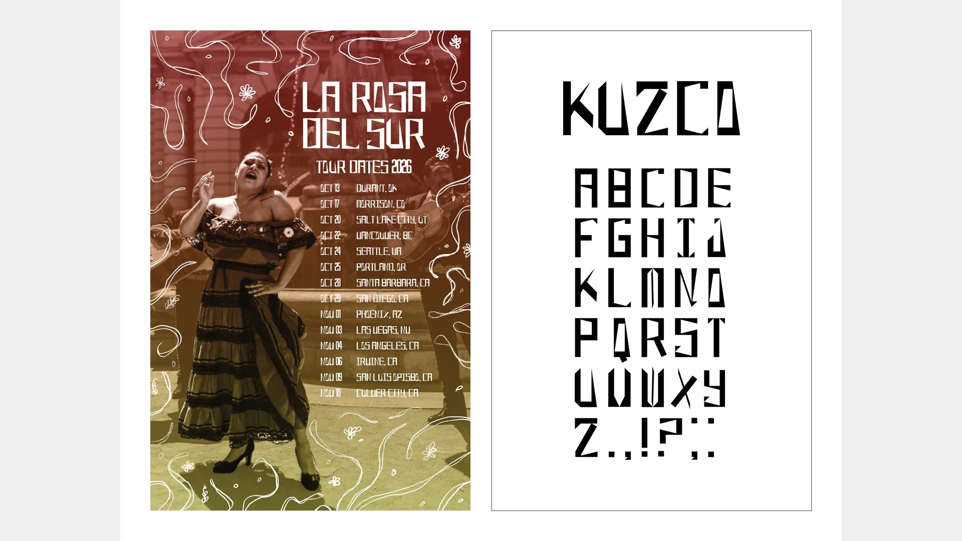 La Rosa del Sur tour poster beside the Kuzco typeface alphabet