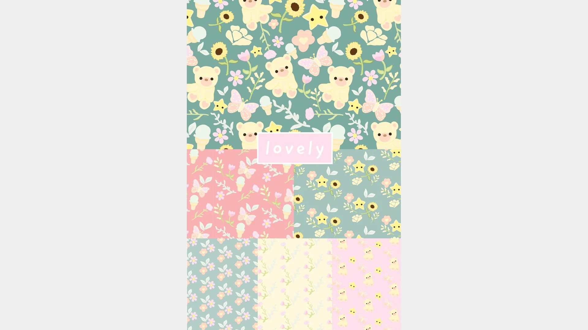 Pastel pattern collection with flowers, bears and butterflies