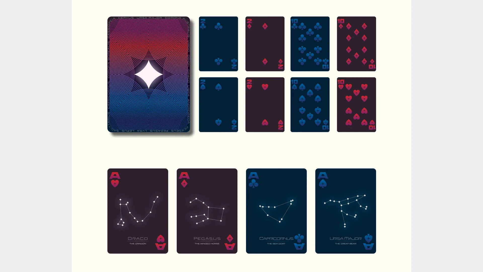 Playing card designs with constellations on navy and burgundy backs