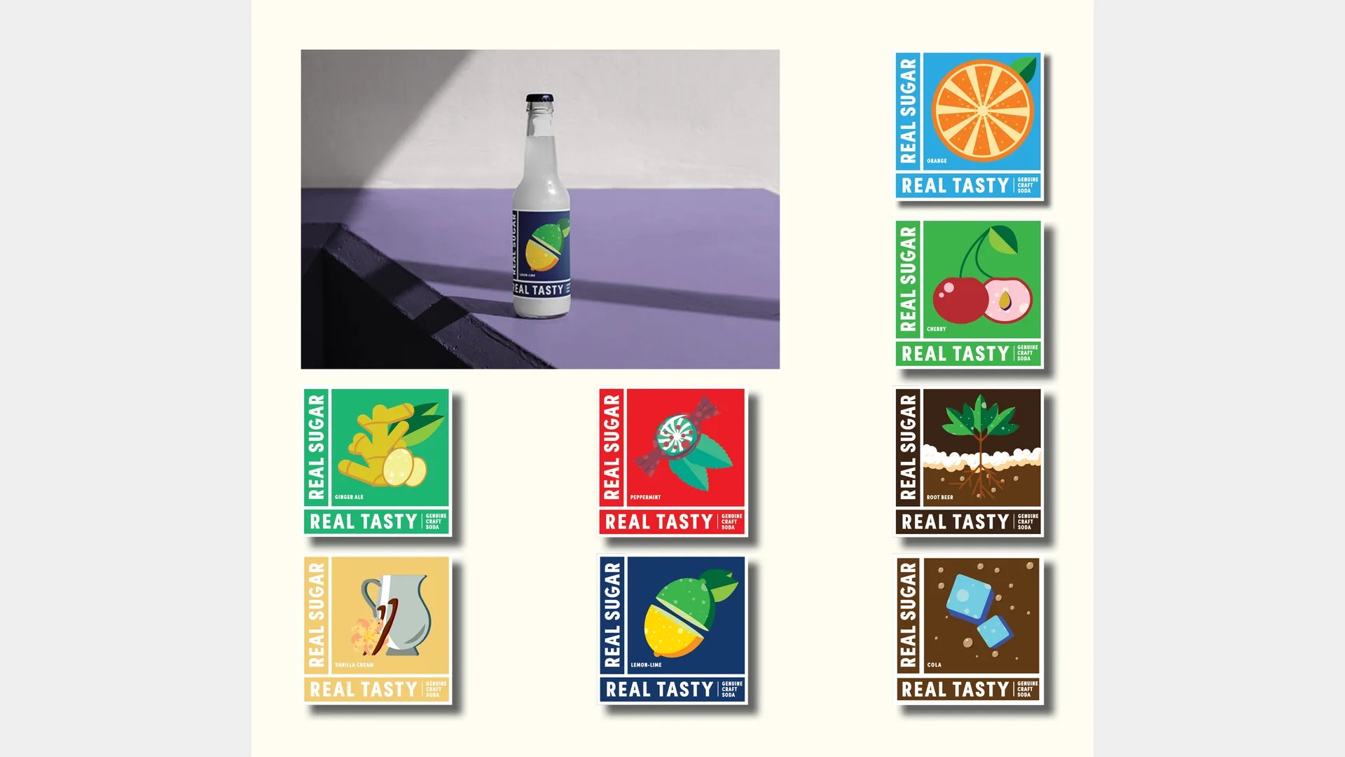 Real Sugar, Real Tasty soda bottle and colorful fruit labels